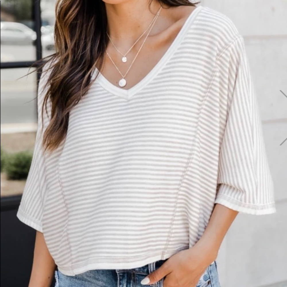 CHILL DAYS TAUPE/WHITE STRIPE TOP